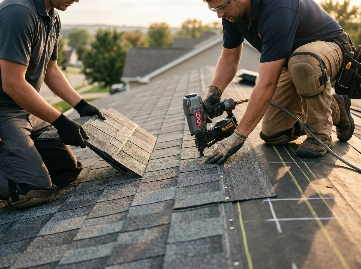 Professional roofer working on a residential roof in Pontotoc